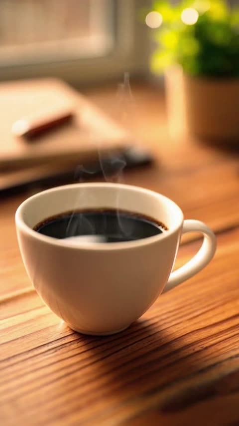 Frame from a clip generated with VideoMake, coffee on a desk