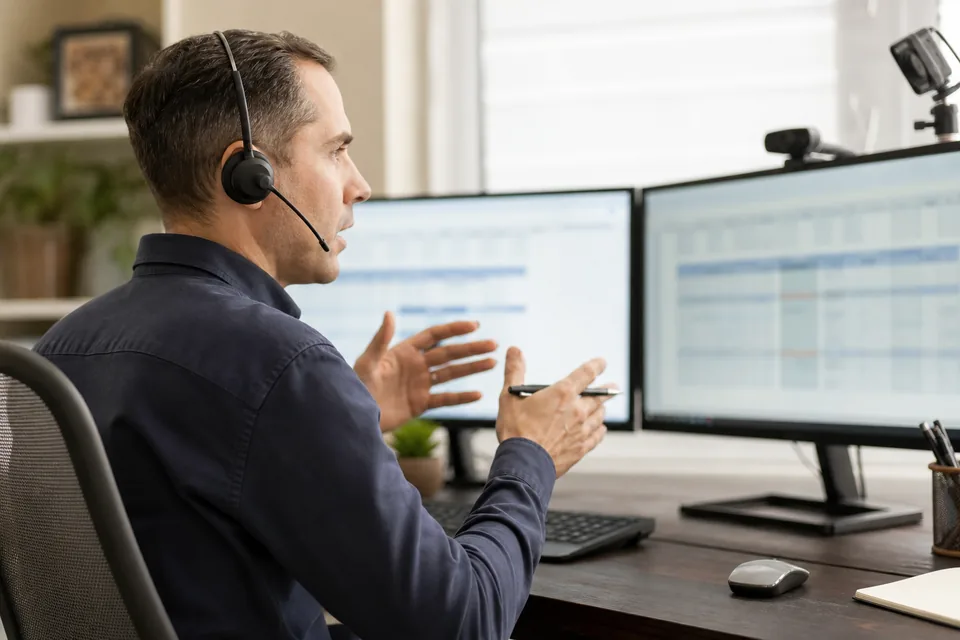 Corporate trainer recording a screen tutorial with a headset at a home office desk
