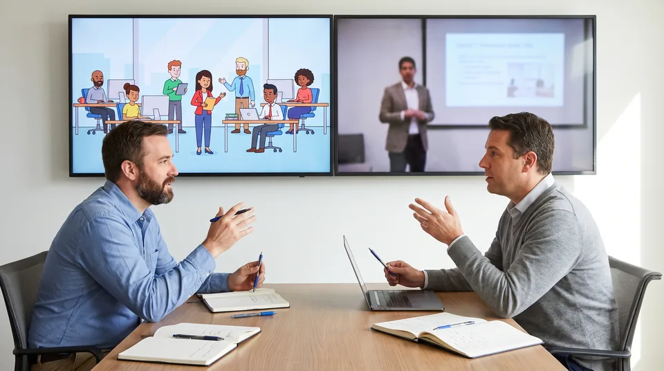L&D team comparing an animated lesson and a presenter video on a meeting room screen