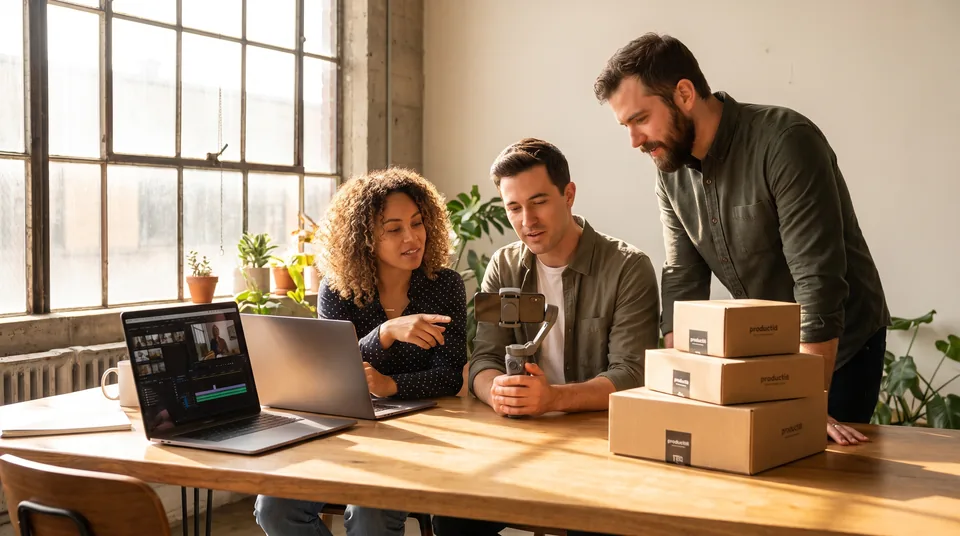 Three person marketing team editing a vertical product video