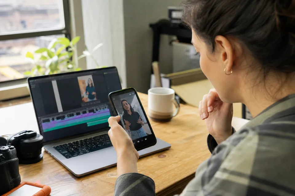 Marketing manager reviewing a short vertical presenter clip on her phone at an office desk