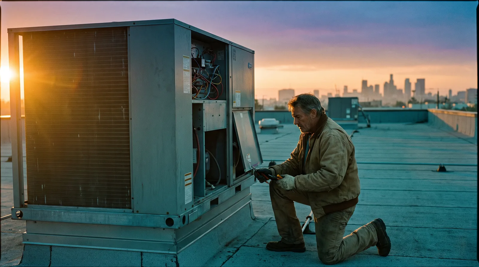 Field technician servicing a rooftop HVAC unit at sunrise