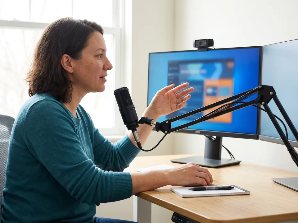 Instructional designer recording a software tutorial at a dual monitor desk