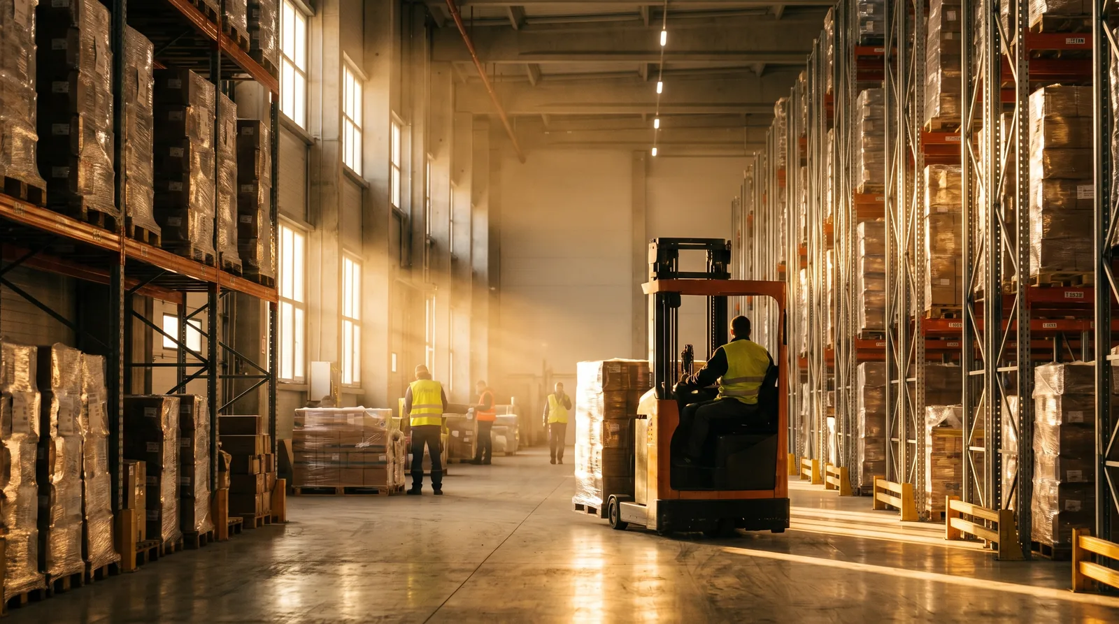Establishing shot of a warehouse with a forklift at golden hour