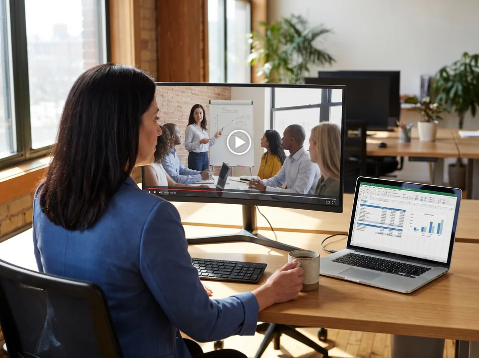 Training manager reviewing a video lesson next to a budget spreadsheet