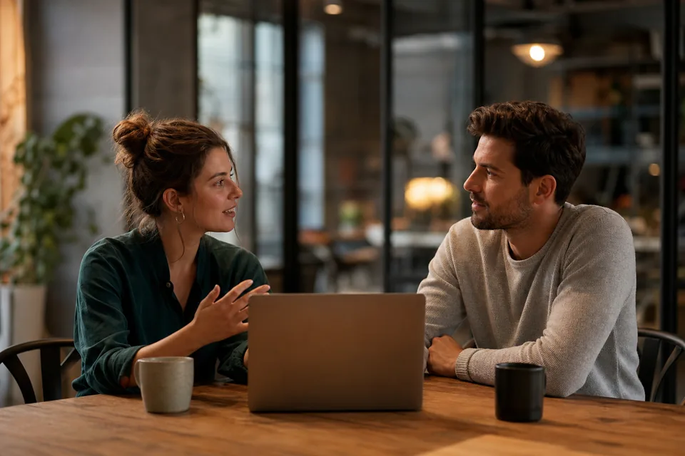 Two colleagues discussing a customer onboarding video at a desk