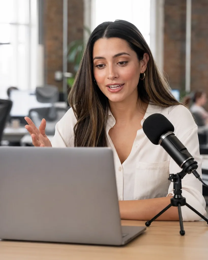 Product marketer recording a software demo on a MacBook